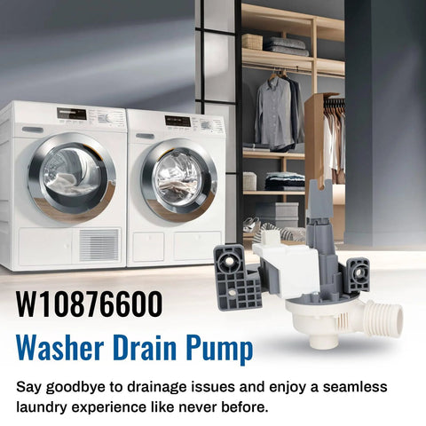 Front view of washer drain pump replacement part W10876600, gray/white plastic, shown beside front-loading washers.