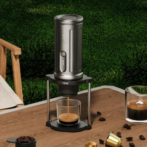Proven Travel Espresso Stand And Universal Coffee Maker Rack With No Sweat Assembly For Drip Brewers And Portable Grinder Kits That Keeps Your Morning Brew Routine Fully Locked In, silver portable espresso maker on wooden table.