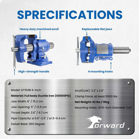 Specifications of Six Inch Heavy Duty Bench Vise With Rotating Swivel Base And Head Built From Solid Cast Iron.