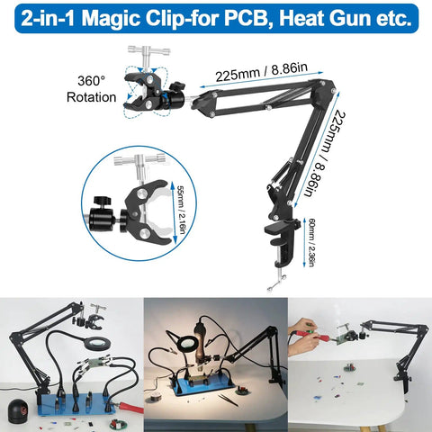 Magnetic Helping Hands Soldering Clamp 2 In 1 Third Hand Workstation with Magic Arm and Magnifier in workspace setup.