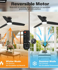 42 Inch Flush Mount Ceiling Fan With Slick Black And Warm Wood Blades Super Quiet Dc Motor Six Speed Reversible Airflow Killer Dimmable LED Light remote, displaying summer and winter modes.
