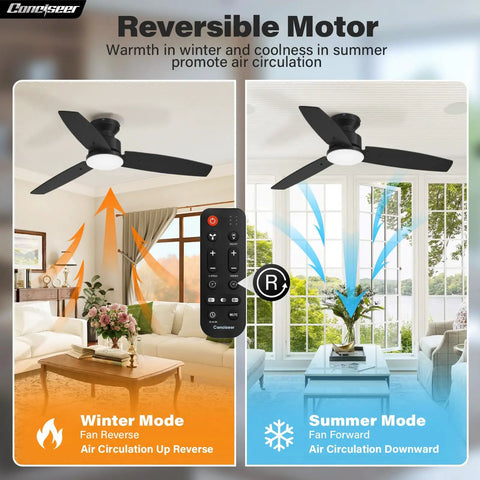 42 Inch Flush Mount Ceiling Fan With Slick Black And Warm Wood Blades Super Quiet Dc Motor Six Speed Reversible Airflow Killer Dimmable LED Light remote, displaying summer and winter modes.