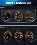 Front view of MH 2in 52mm triple gauge set with voltmeter, oil pressure 0-150 PSI, water temp 100-280°F