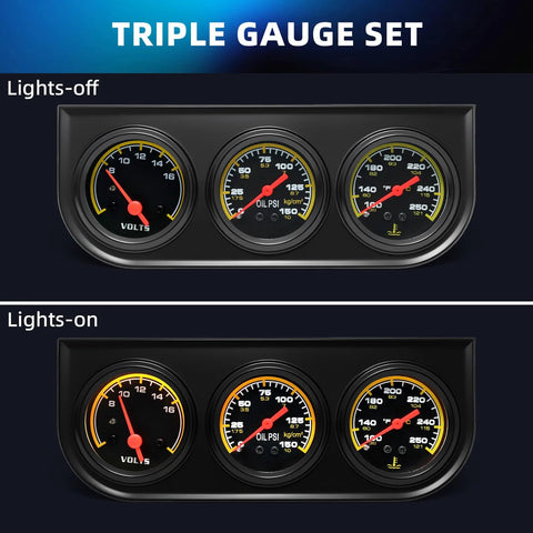 Front view of MH 2in 52mm triple gauge set with voltmeter, oil pressure 0-150 PSI, water temp 100-280°F