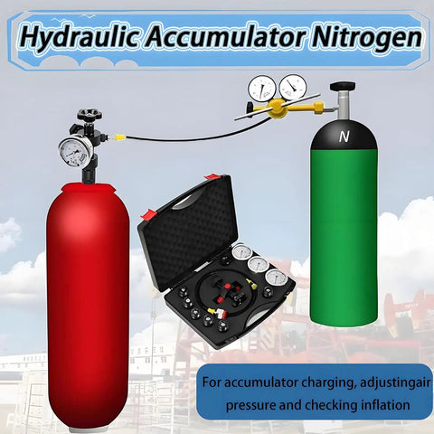 7 In 1 Hydraulic Nitrogen Pressure Test Kit With Accumulator Charging System, includes charge kit, valves, 3 gauges and case