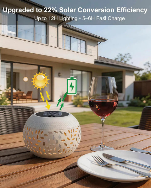 Outdoor Solar Table Lights With Dancing Flickering Flame Dope Style Waterproof White Metal Lantern on patio with wine glass