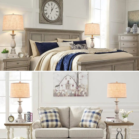 Set Of 2 Farmhouse Style Bedside Lamps With USB Ports, rustic linen shade, on nightstands in bedroom and living room settings