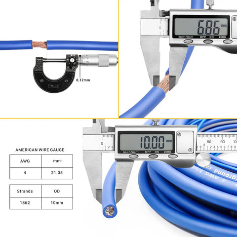 Measuring calipers with Beefed Up 4 Gauge Amplifier Wiring Kit With OFC RCA Cables, 4 gauge frosted blue wire thickness