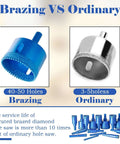 Diamond core drill bit set, 16pc tile hole saw kit; blue serrated brazed-edge bit beside silver ordinary hole saw.