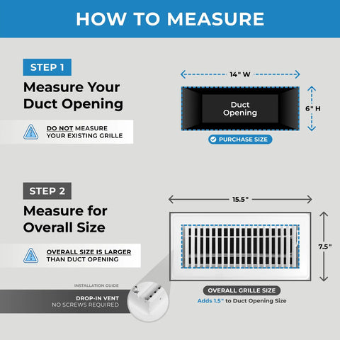 Measuring guide for Floor Register With Louvered Design And Damper Lever White 14 by 6 Inch Duct Opening Outer Frame 15.5 by 7.5 Inch