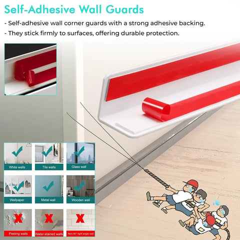 Self Adhesive Wall Corner Guards Peel And Stick Moulding Trim showing red adhesive backing and application guide on wall types.