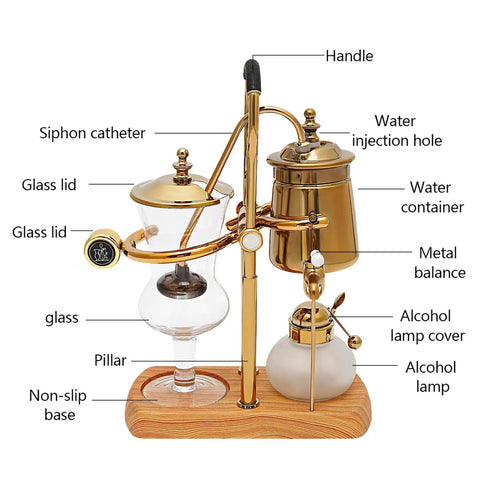 Royal Belgian Siphon Coffee Maker In Gold Retro Siphon Brewer with glass and stainless steel components on a wood base