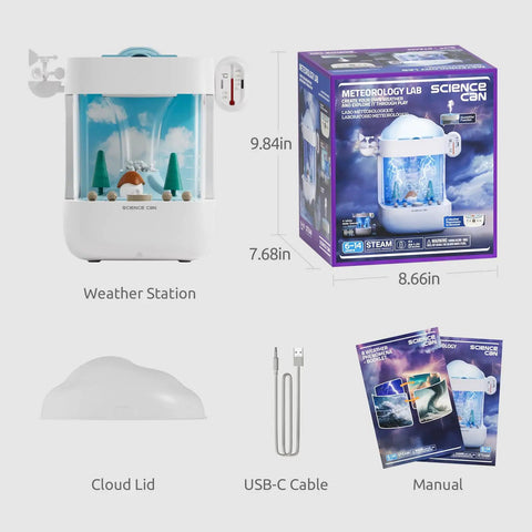 Hands On 3 In 1 Weather Station Toy For Kids Ages 6 To 8, Eight Weather Modes Weather Lab STEM Kit For Curious Young Meteorologists, Kid Approved Fun Educational Science Toy. 9.84in weather station with USB-C cable, cloud lid, and manual
