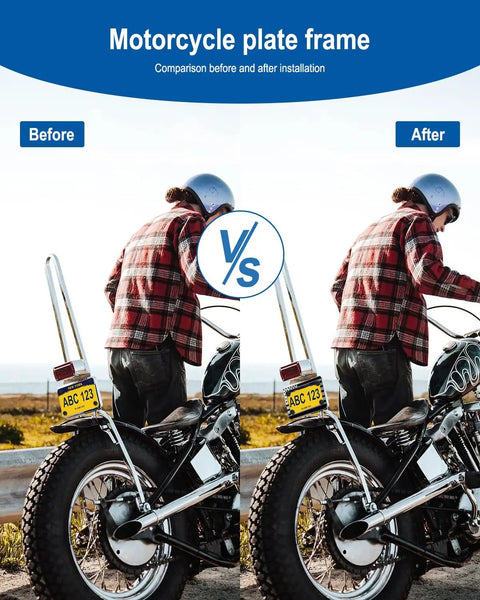 Comparison before and after using American Flag Motorcycle License Plate Frame Stainless Steel Bike Tag Holder on motorcycle.