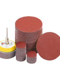 Heavy Duty Red Round Sanding Discs For Wood And Metal With Grippy Hook Loop Backing, various sizes arranged in a stack.