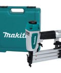 Rock Solid 18 Gauge 2 Inch Brad Nailer Kit next to its teal storage case, showcasing the tool's design and brand details.