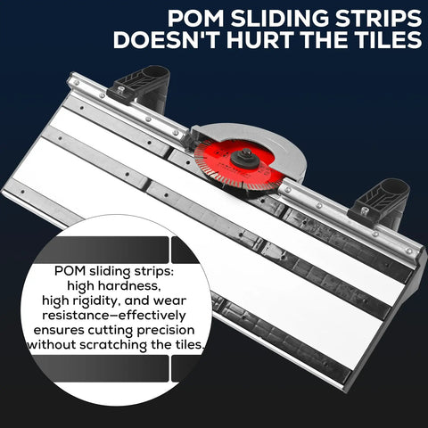 POM sliding strips on Heavy Duty 43 Degree Electric Tile Edge Cutter With Auto Water Spray for flawless ceramic and porcelain chamfers.