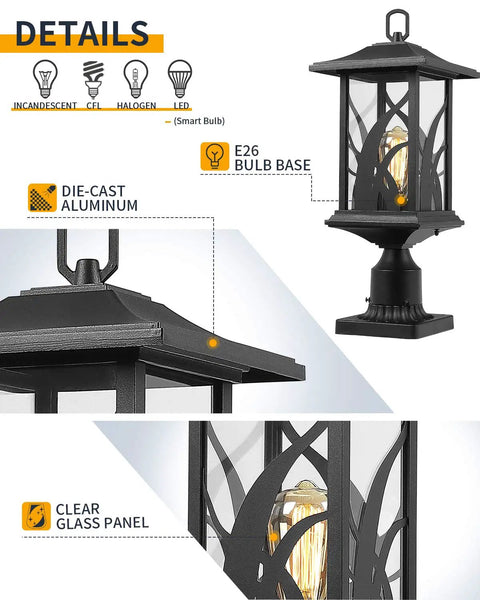 Outdoor Post Light Set 21 Inch Tall Cast Aluminum Pier Mount Lantern With Base Black Exterior Finish Clear Glass Panels