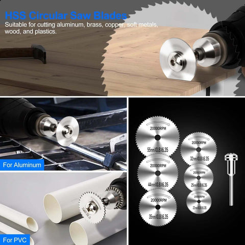 Tools: 44Pcs Dremel cutting wheel kit with HSS blades and resin discs; collage of front and side views