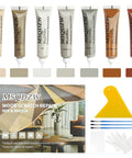 Wood Filler Kit For Furniture, Tables, Cabinets And Floors With 7 Color Touch Up Fillers, includes scraper tool, packaging, and accessories.