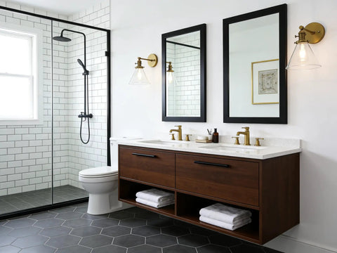 Bathroom with Antique Industrial Wall Sconce 1 Light With Cone Glass Shade Handblown Vintage Lampshade above mirror