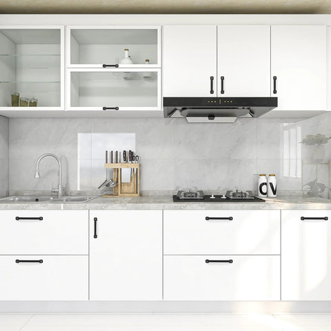 Set Of 10 Matte Black 5 Inch Arch Pulls With Curved Flat Square Design Solid Zinc Alloy Construction installed on white kitchen cabinets