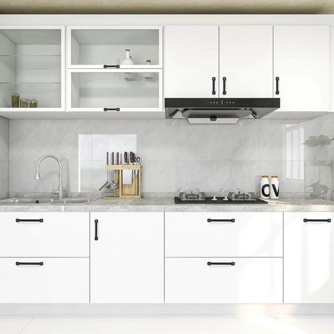 Black 5 Inch Arch Cabinet Pulls Set Of 30 For Kitchen Cabinets And Dresser Drawers installed on white kitchen cabinets.