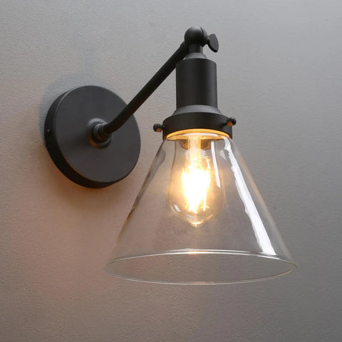 Industrial Vintage Wall Sconce Light Fixture With Slope Pole Mount And Funnel Flared Clear Glass Shade, Matte Black Finish, E26 Base Compatible, Dimmable With Bulbs, 60W Max, 110-120V on wall