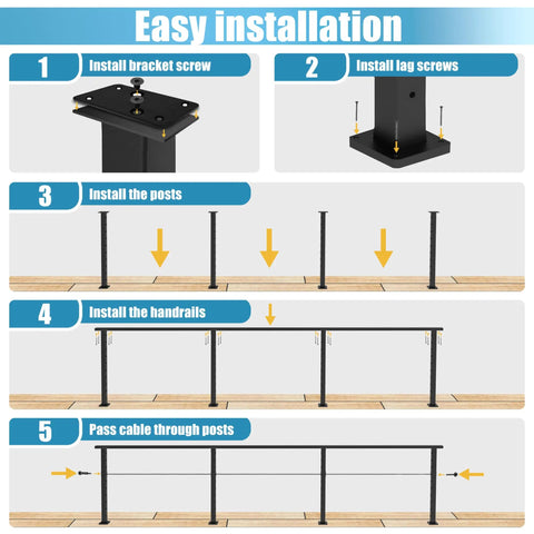 Installation steps for 36 Inch Cable Railing Post Kit Surface Mount Black Heavy Duty Post Set With Pre Drilled Holes.