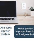 Radiant 885TRWCC12 15 Amp Tamper Resistant Decorator Duplex Outlet on wall, laptop on desk, child-safe feature highlighted