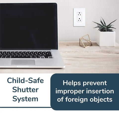 Radiant 885TRWCC12 15 Amp Tamper Resistant Decorator Duplex Outlet on wall, laptop on desk, child-safe feature highlighted