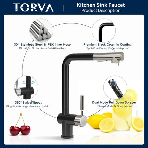 Pull Down Kitchen Faucet With Deck Plate And Sprayer, Dual Tone Matte Black And Chrome Finish, features and components detail