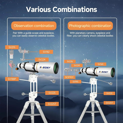 102mm F7 Refractor Telescope for Adults with Extra Low Dispersion Optics shown in observation and photographic setups