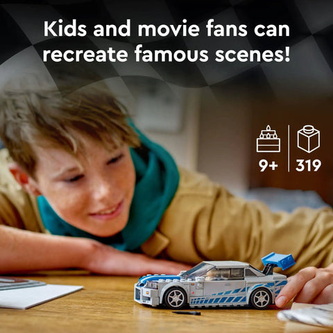 Child playing with Nissan Skyline GTR R34 Speed Champions Racing Car Kit Inspired By 2 Fast 2 Furious Buildable Toy Model