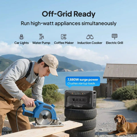 Apex Portable Solar Generator Offering 2764Wh LiFePO4 Battery Paired With Dual 200 Watts Solar Panels Off Grid Home RV Camping Backup Power Station 3840 Watts Pure Sine Wave Plug And Play Ready To Roll in use with a circular saw outdoors.