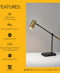 Lit 7W LED Desk Lamp With Qi Wireless Charging Pad and USB Port, adjustable brass and black design, side view