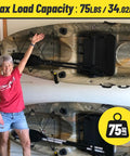 Person showing Heavy Duty Garage Storage Hooks Wall Mounted Rack For Hanging Ladders Bikes Kayaks Snowboards And Other Sports Gear Ultra Strong Tool Organizer with kayaks.