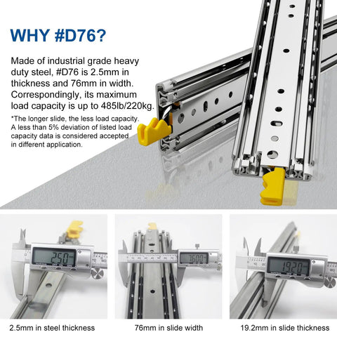 Rock Solid 60 Inch Heavy Duty Drawer Slides With Security Lock Industrial Grade Full Extension measuring 2.5mm thick, 76mm wide.