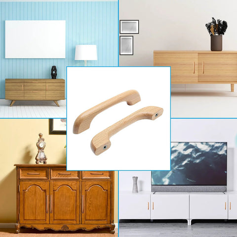 Ten Pack Natural Beech Wood Cabinet Pulls Handles for kitchen cabinets and drawers with clear coat finish, shown in various room styles.