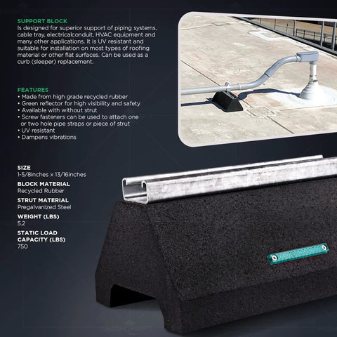 Front view: Highcraft STC-10T rooftop pipe support block, black recycled rubber cradle with galvanized steel.