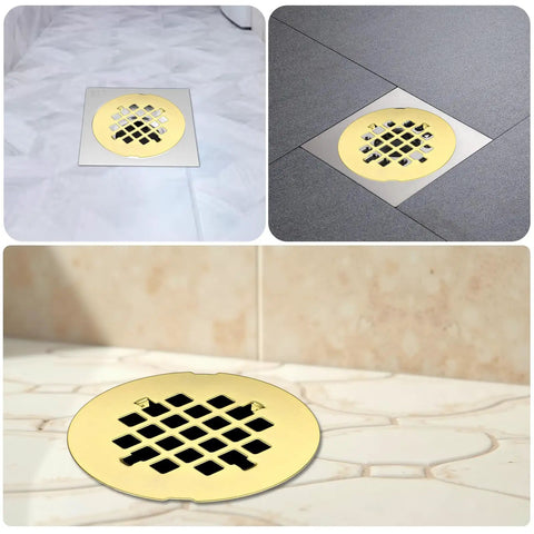 Rock Solid Gold Snap In Shower Drain Cover For Four Quarter Inch Round Stainless Steel Strainer on tiled bathroom floor.