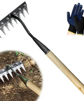 Eight Tine Garden Weed Puller Tool With Wooden Handle, Rustproof Manganese Steel Rake, shown in use with gloves