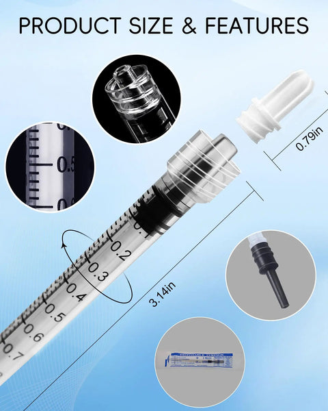 1ml Luer Lock Syringe Without Needle Pack Of 30 Sterile Plastic Syringes Individually Sealed For Lab Use Plant Cultivation Classroom Demos And Home Projects With Leakproof Top Luer Lock Smooth Plunger And Clear Markings; close-up of 1ml syringe tip and markings