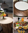Large Premium White Bamboo Lazy Susan Rotating Turntable For Kitchen Counter on a wooden table, perfect for serving snacks and appetizers.