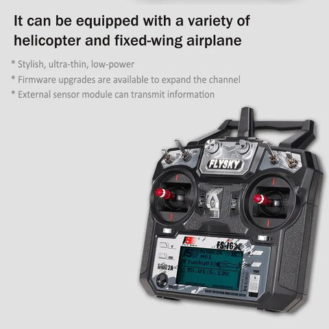 Six To Ten Channel 2.4GHz AFHDS RC Transmitter With Bidirectional Data Capable Receiver showing digital display and controls