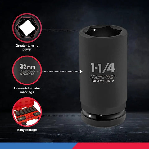 Three Quarter Inch Drive Impact Socket Set, SAE 1 Inch To 1 And A Half Inch, 8 PC Deep Jumbo Sockets, Chrome Vanadium Cr-V