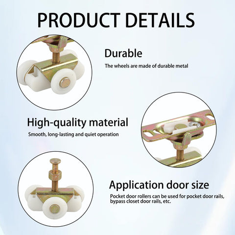 Close-up of heavy duty sliding door rollers, gold 3/4 inch wheels for closet and RV doors, durable metal material.