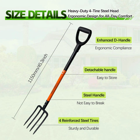 Heavy Duty Garden Fork With 4 Tines 45 Inch Spading Fork Steel Handle And Enhanced D Handle with size details
