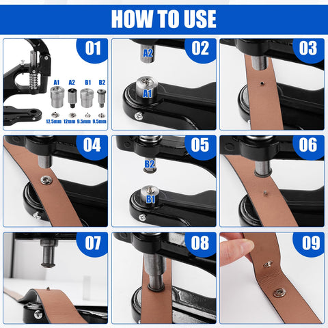 Manual rivet press kit tutorial showing steps to install rivets in leather using Grab And Go No Fuss All In One Manual Rivet Press Kit.