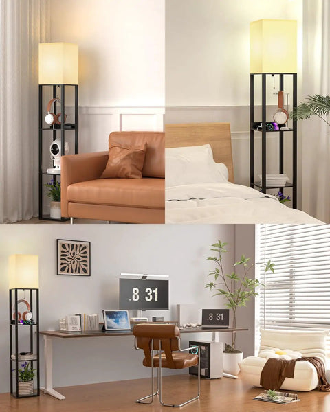 Shelf Floor Lamp With Solid Wood Shelves And USB Charging Ports near couch, bed, and desk, matte black finish, living room or bedroom.